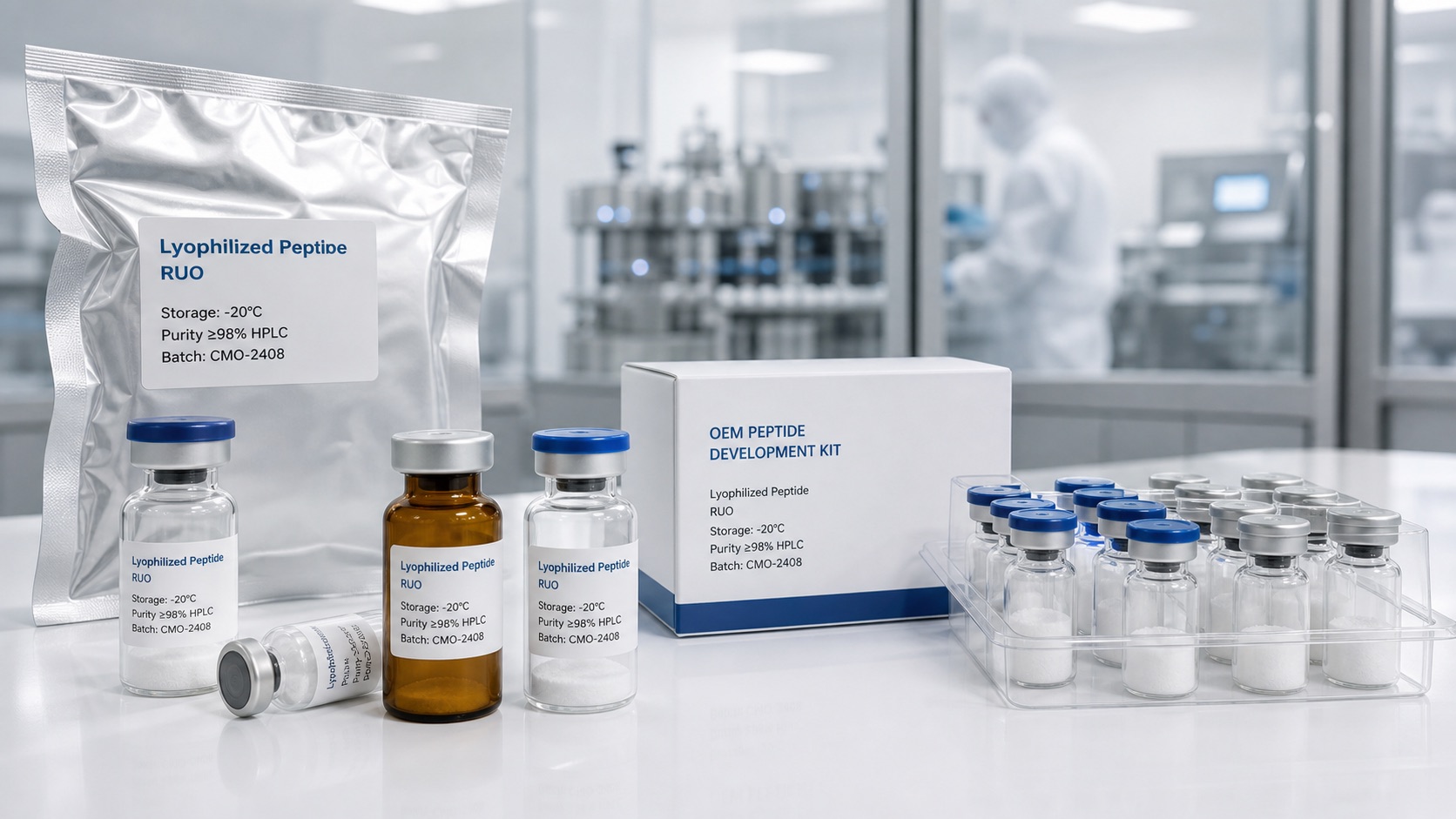 Lyophilized peptide vials, aluminum foil pouch, RUO labels, and OEM vial kit packaging